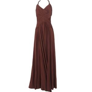 BCBGMAXAZRIA Pleated Halter Gown XS Brown Crisscross Bodice Floor Length Formal